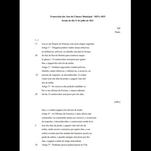 Código de Posturas de Jundiaí de 1831 (que define juridicamente a repressão contra movimentos de insurreições de pessoas escravizadas.)