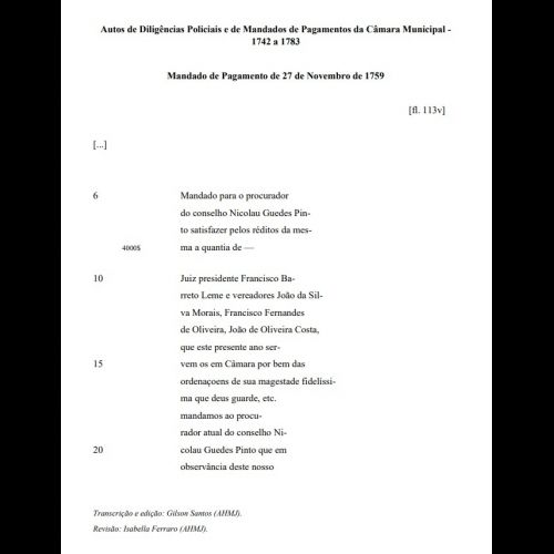 Pagamento realizado ao capitão do mato Thomas Pardo, por ter posto a cabeça de um negro quilombola na Estrada Real que vai para São Paulo - 27 de Novembro de 1751.