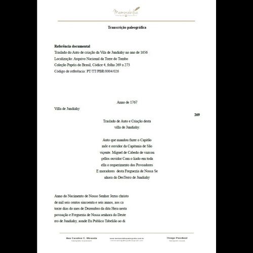 Transcrição Paleográfica do Traslado do Auto de Criação da Vila de Jundiaí no Ano de 1656, a 14 Dezembro.