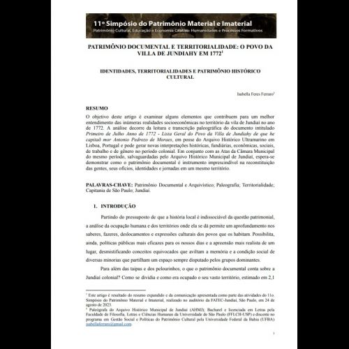 Patrimônio Documental e Territorialidade: O Povo da Villa de Jundiahy em 1772. 