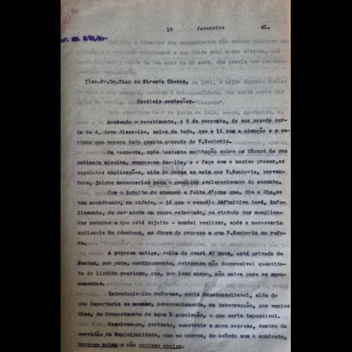 Ofício da Prefeitura Municipal de Jundiaí enviado ao empresário Eloy de Miranda Chaves indicando negociações entre as partes para a resolução dos problemas de abastecimento de água do munícipio - 12 de fevereiro de 1941.   