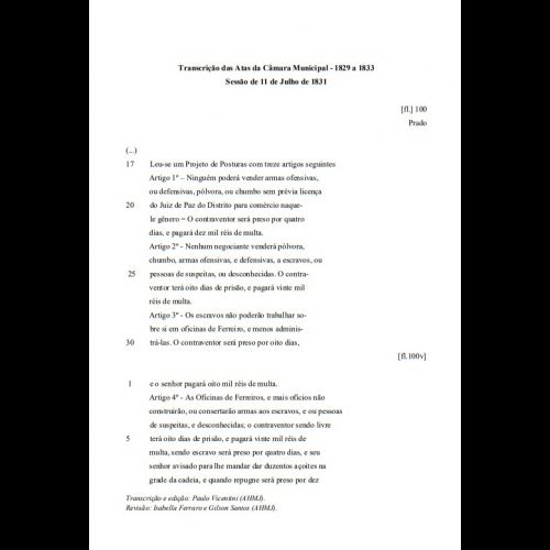 Código de Posturas de Jundiaí de 1831 (que define juridicamente a repressão contra movimentos de insurreições de pessoas escravizadas.)