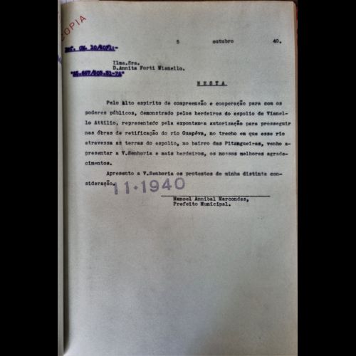 Ofício da Prefeitura Municipal de Jundiaí enviado á Anitta Forti Vianello sobre as obras de retificação do Rio Guapeva.