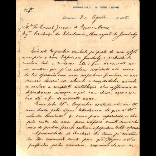 *Fase de teste* Carta da Companhia Paulista ao presidente da Intendência Municipal de Jundiaí tratando da futura vila operária 