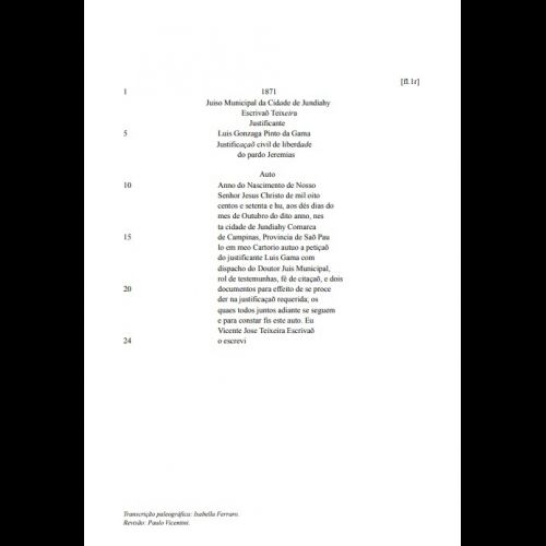 Transcrição da Justificativa Civil (Liberdade Terceiro - Advogado Luiz Gama) - Tribunal de Justiça do Estado de São Paulo - Comarca de Jundiaí 1º Ofício - Processo 1239.