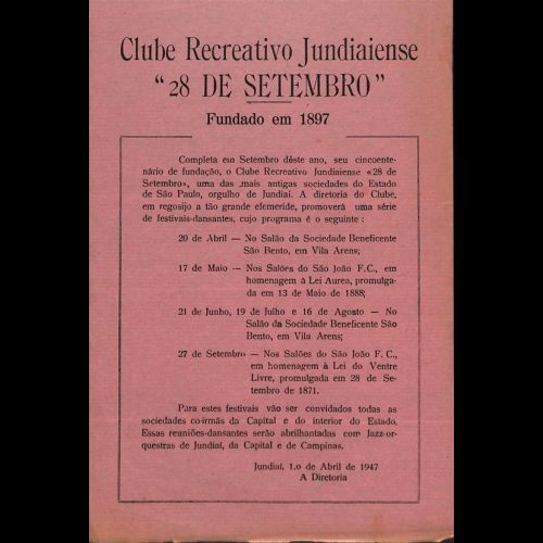 Panfleto do Cinquentenário do Clube Beneficente Cultural e Recreativo Jundiaiense 28 de Setembro.