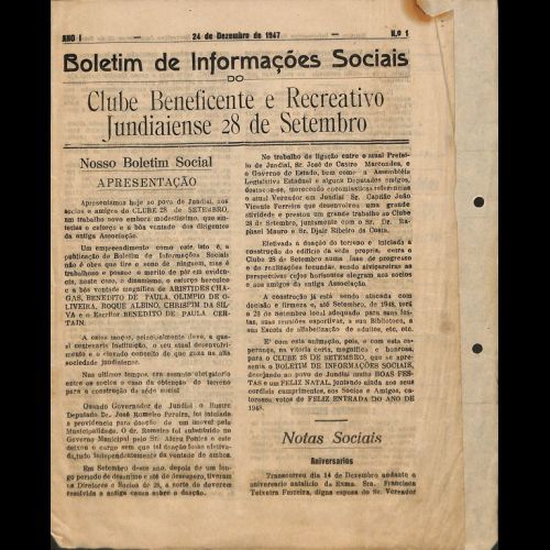 Boletim de Informações Sociais do Clube Beneficente Cultural e Recreativo Jundiaiense 28 de Setembro.