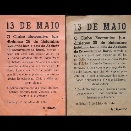 Panfleto convite do Clube 28 de Setembro para comemorações no dia 13 de maio de 1944.