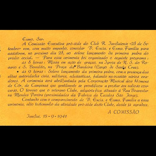 Convite Para Lançamento da Pedra Fundamental do Clube 28 de Setembro - 15 de Setembro de 1941. 