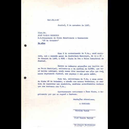 Solicitação enviada ao Clube Beneficente e Recreativo 28 de Setembro para escolha de uma representante para concorrer a Rainha da FUFI - 08 de novembro de 1967.